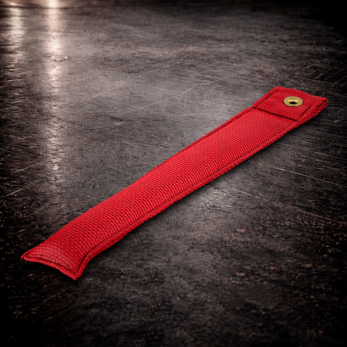 12 inch red marker with grommet on industrial surface long red fabric marker close up stitching detail
12 inch grip marker with metal grommet red red set marker large size on dark warehouse background film production marker red high visibility