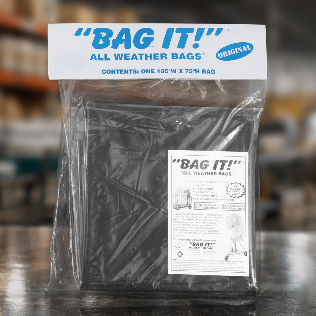 Bag-It all weather visqueen protective cover measuring 70 x 60 inches for protecting film production equipment, carts, stands, lighting gear, and cases from rain, dust, and debris