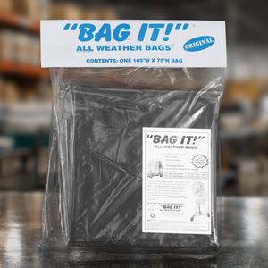 Bag-It all weather visqueen protective cover measuring 70 x 60 inches for protecting film production equipment, carts, stands, lighting gear, and cases from rain, dust, and debris