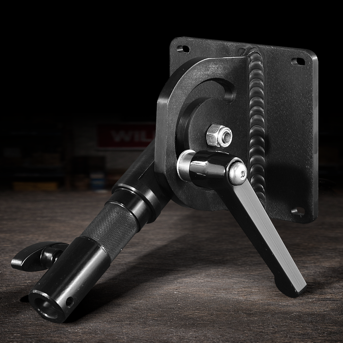 Black anodized VESA 100 swivel monitor mount for professional film and broadcast monitor rigging systems