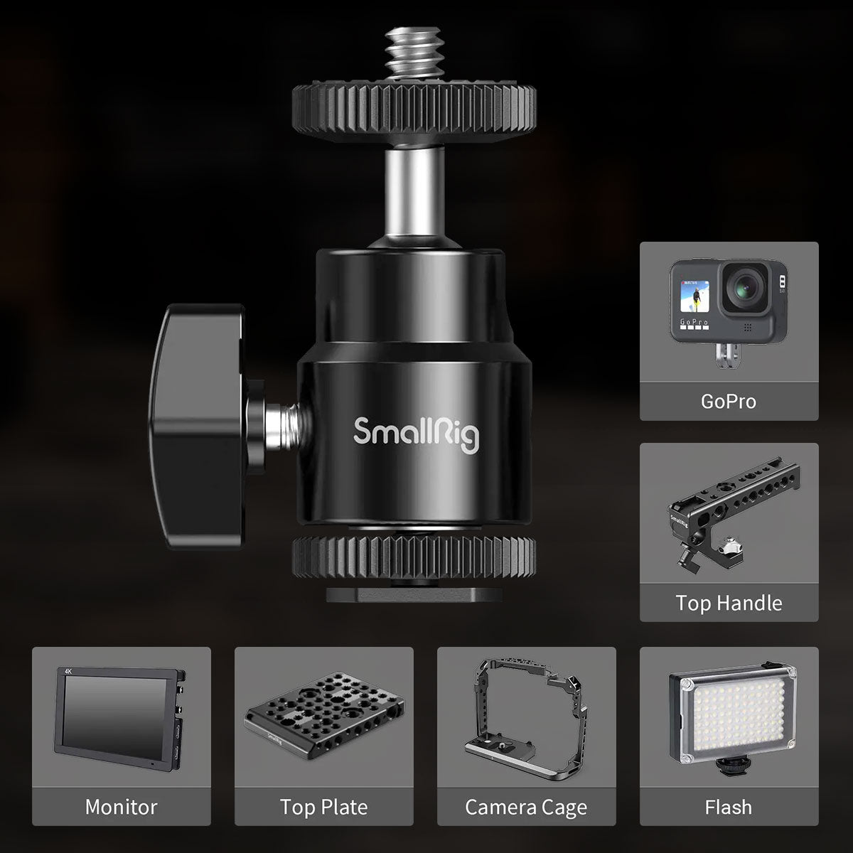 Close-up of 1/4"-20 ball head mount components