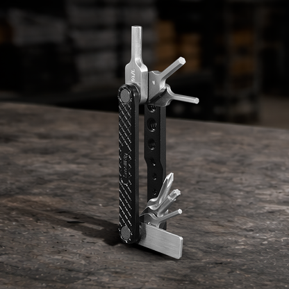 Compact folding multi-tool kit with Allen wrenches, Torx T25 driver, Phillips and flat-head screwdrivers for camera rigs, cages, tripods, gimbals, and filmmaking equipment.