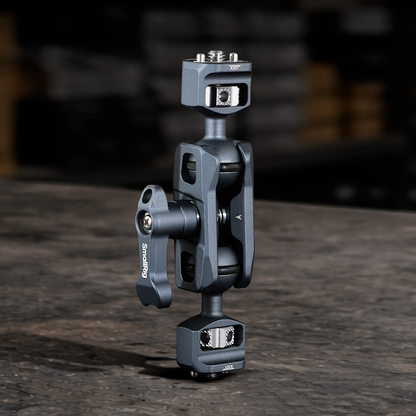 Magic arm with dual ball heads and 1/4"-20 mounting screws for monitors, cameras, LED lights, and professional camera rig accessories.