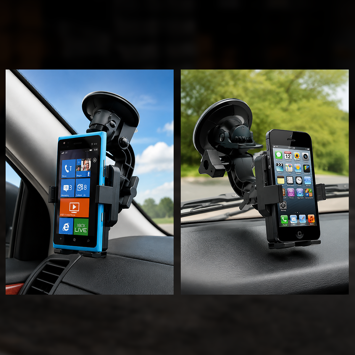 PanaVise PortaGRIP smartphone holder with 809 suction cup mount attached to a vehicle windshield for secure mobile phone mounting
