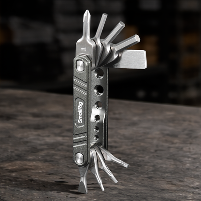 Universal 9-in-1 folding multi-tool kit with Allen keys and screwdrivers for camera rigs, cages, tripods, gimbals, filmmaking, photography, and video production.