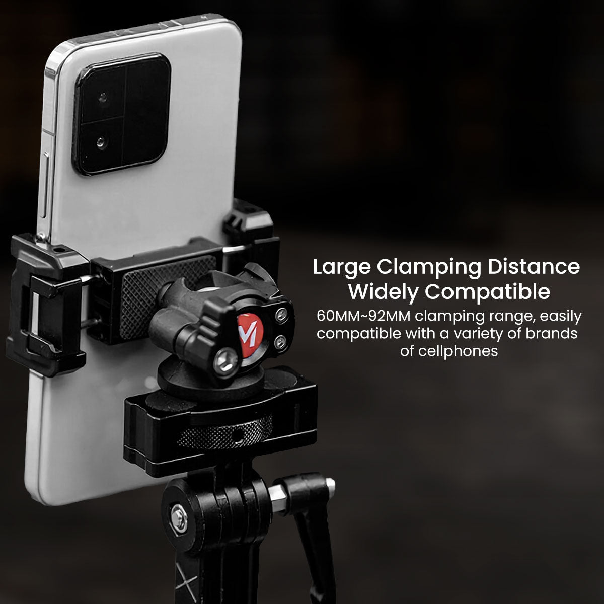 Universal Ball Head Phone Mount supporting an action camera, providing stable mounting for filmmaking, vlogging, livestreaming, and professional video production.