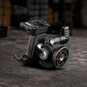 Side view of the Universal Ball Head Phone Mount showing the adjustable ball head and smartphone clamp for professional mobile filmmaking, photography, and livestreaming.