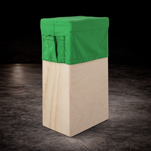 Chroma green padded vertical apple box seat cover with side storage pocket for professional film and VFX production seating