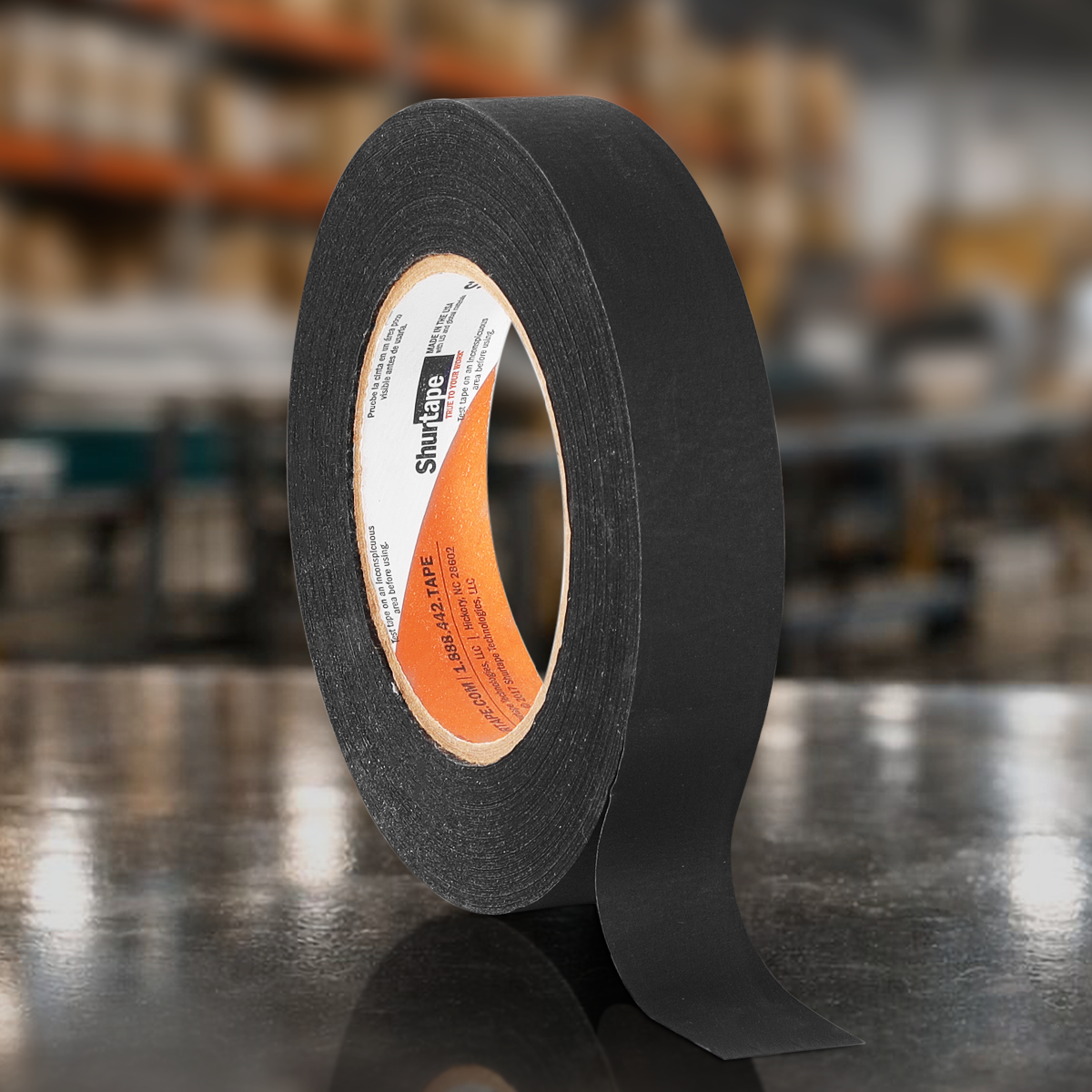 Black shurtape roll 1 inch by 60 yards professional utility tape for cable management rigging and low visibility use on film and stage sets