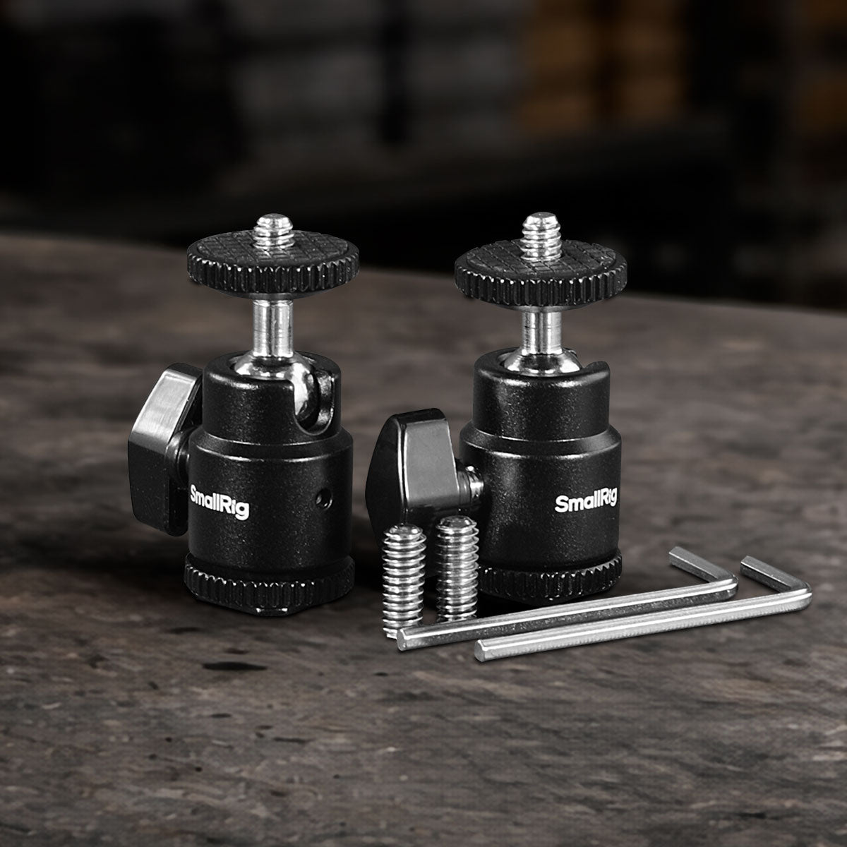 Ball head 1/4-inch camera hot shoe mounts with additional 1/4"-20 screws for monitors, LED lights, microphones, cameras, and professional camera rigs.