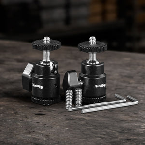 Ball head 1/4-inch camera hot shoe mounts with additional 1/4"-20 screws for monitors, LED lights, microphones, cameras, and professional camera rigs.