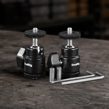 Ball head 1/4-inch camera hot shoe mounts with additional 1/4"-20 screws for monitors, LED lights, microphones, cameras, and professional camera rigs.